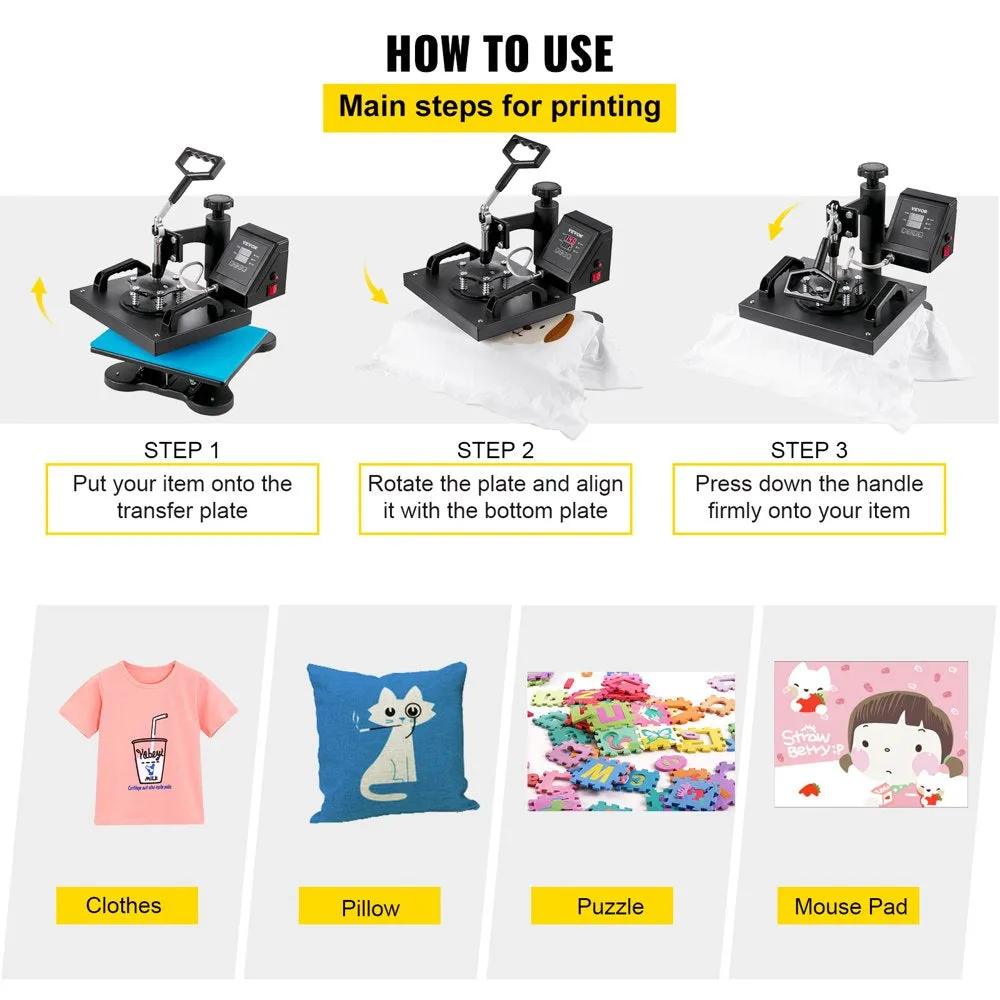 VEVOR 12X10 Inch Heat Press Dual Digital Heat Press Machine 650W Swing Away Heat Press T-Shirt Sublimation Printer Transfer 360 Degree Rotation for DIY T-Shirts